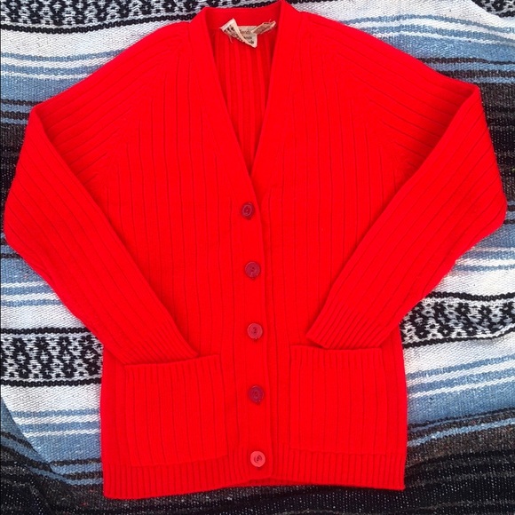 bright red cardigan
